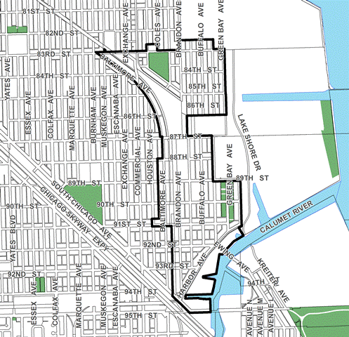 South Chicago TIF district, roughly bounded on the north by 83rd Street, 95th Street on the south, Avenue O on the east, and Baltimore and Houston avenues on the west.